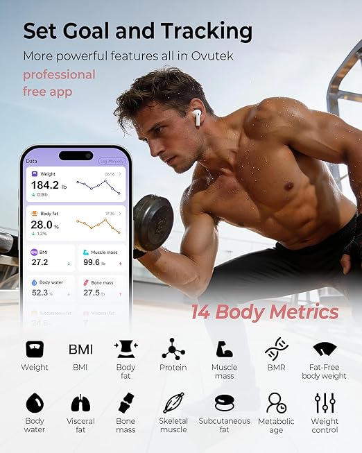 Ovutek Smart Scale for Body Weight, Professional Bathroom Digital Weighing Scale with BMI, Body Fat, Muscle Mass, Accurate Bluetooth Home User Health Equipment Sync Apps - Pink