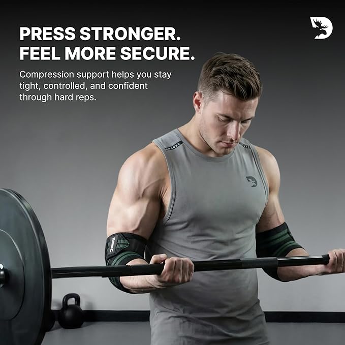 DMoose Fitness Elbow Wraps for Weightlifting (Pair) - 40'' Adjustable Strap for Gym Workout & Bench Press, Compression Elbow Sleeves for Tendonitis, Joint Support, Powerlifting & Deadlifts