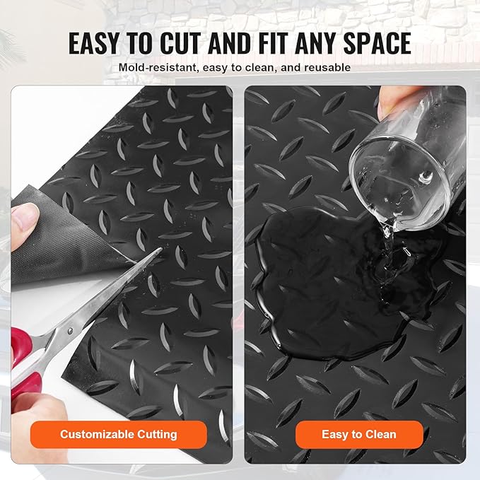 VEVOR Floor Mats, 2 Rolls x 14.7 x 3.6 Ft PVC Flooring Roll, Non-Slip Diamond Texture, 106.56 sq.ft Covering Space, Black Mats for Under Cars, Garage Industry Gym