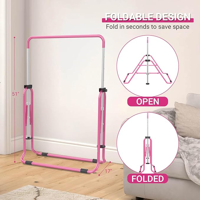 Foldable Gymnastics Bar, 5-Height Adjustable Gymnastic Bars for Kids at Home,Robust & Stable for Indoor/Outdoor Using,Weight Limit 140LBS