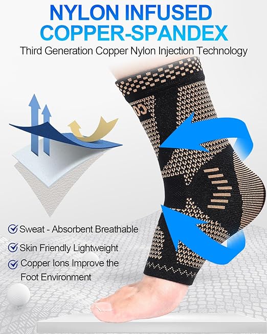LISEPWU Copper Ankle Brace, Copper Infused Ankle Support Compression Sleeve for Men & Women, for Foot Pain Relief, Sprained Recovery, Achilles Tendonitis, Daytime or Night Use(L)