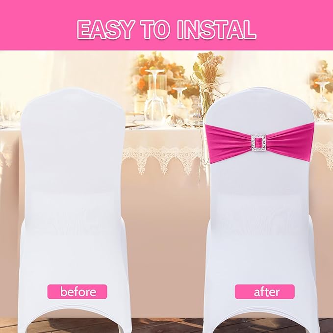 Joccun 30 PCS Spandex Chair Sashes Bows Stretch Chair Cover Band with Buckle Slider Universal Elastic Chair Ties for Wedding Banquet Party Event Decoration (Fuchsia)