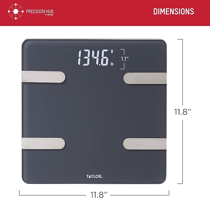 Taylor Smart Body Composition Scale with Precision Hub App for Body Weight with Smart App Connectivity, Third Party Sync, 400 lb Capacity, Durable Glass Platform, Charcoal