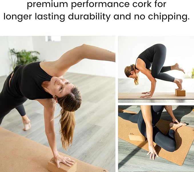 Cork Yoga Blocks 2 Pack – High Density Non Slip with Select Cork Grain for Chip-Resistant Durability | Extra Thick 4” for Support & Stability | Natural, Smooth, and Crumble Free | Body By Yoga