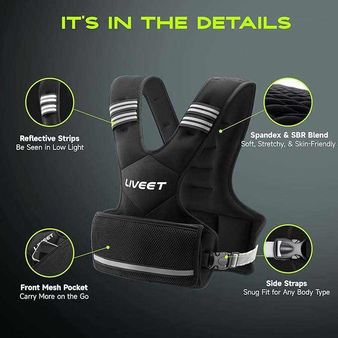 Adjustable Weighted Vest for Women Men, 4-10lb 11-20lb 20-32lb Weight Vest with 6 Ironsand Bags, Running Vest with Reflective Strips Adjustable Buckle Straps for Walking Strength Training