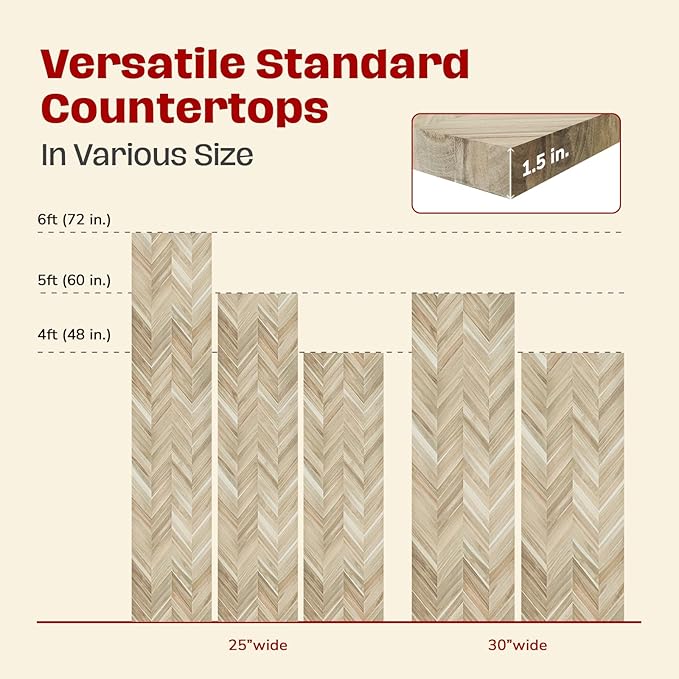 Howizz Chevron Butcher Block Countertop 60 x 25 x 1.5 Inches, Unfinished Acacia Solid Wood Table Top for Desk Top, Workbench Top