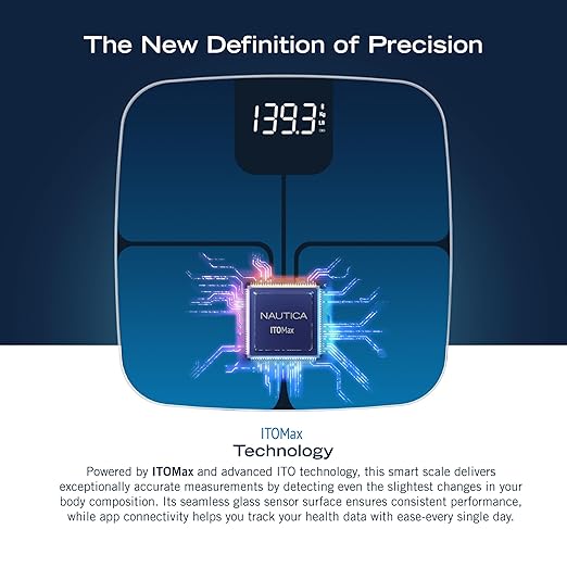 Nautica Body Tracker Digital Bathroom Scale, Bluetooth-Enabled Smart Scale with BMI, Body Fat, Muscle Mass Tracking & More, Syncs with Smartphone App for Body Composition Tracking, 440 Lbs.
