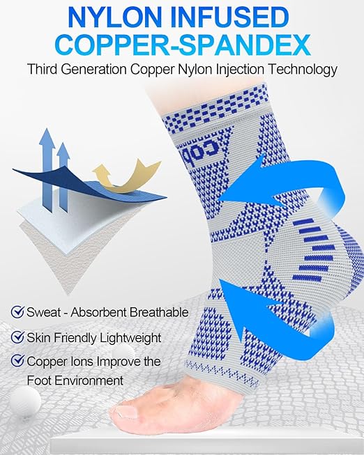 LISEPWU Copper Ankle Brace, Copper Infused Ankle Support Compression Sleeve for Men & Women, for Foot Pain Relief, Sprained Recovery, Achilles Tendonitis, Daytime or Night Use(Blue XL)