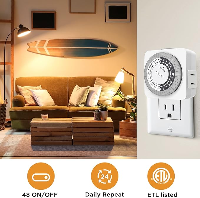 G-Homa Timers for Electrical Outlets,24 Hour Indoor Plug-in Mechanical Timer,30 Minute Intervals, Daily On/Off Cycle,1 Polarized Outlet, for Grow Light,Christmas Lights, Lamps (ETL Listed) 2 Pack