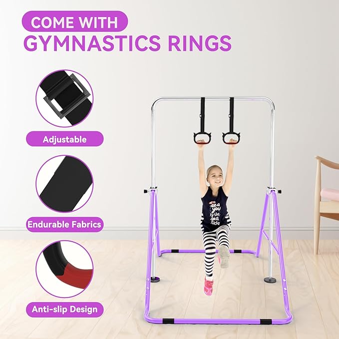 Gymnastics Bar for Kids with Gymnastics Rings, Height Adjustable Gymnastics Horizontal Bar, Foldable Bar Gymnastics Equipment for Home Room Indoor Outdoor Gym Practics, Gymnastic Bar