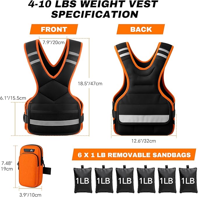 Adjustable Weighted Vest for Men and Women,4-10lb Variable Body Weight Vest for Home Workouts, Running, Rucking, HIIT & Strength Training, Removable Ironsand Weights, Reflective & Pockets