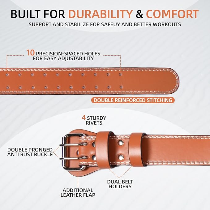 Leather Weight Lifting Belt, 4”& 6”Padded Lumbar Back Support, 10 Adjustable Holes, Gym Weight Belt Ideal for Deadlift, Powerlifting, Bodybuilding and Squat