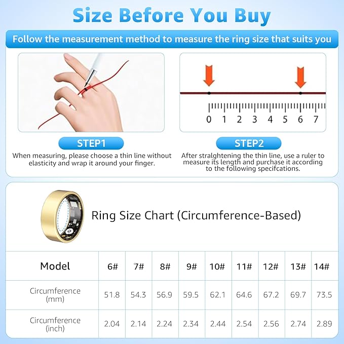Smart Ring Health Tracker for Women & Men, Fitness Ring with Heart Rate Blood Oxygen, Sleep Monitor, Step Tracker, IP68 Waterproof Compatible with iOS & Android, No Subscription Fee (Gold, 6)