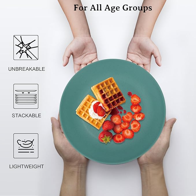 Wrova Wheat Straw Dinner Plates 10 Inch Unbreakable Set of 8 - Dishwasher & Microwave Safe Plastic Plates Reusable - Lightweight Plates for kitchen,camping,salad,appetizer - Colorful