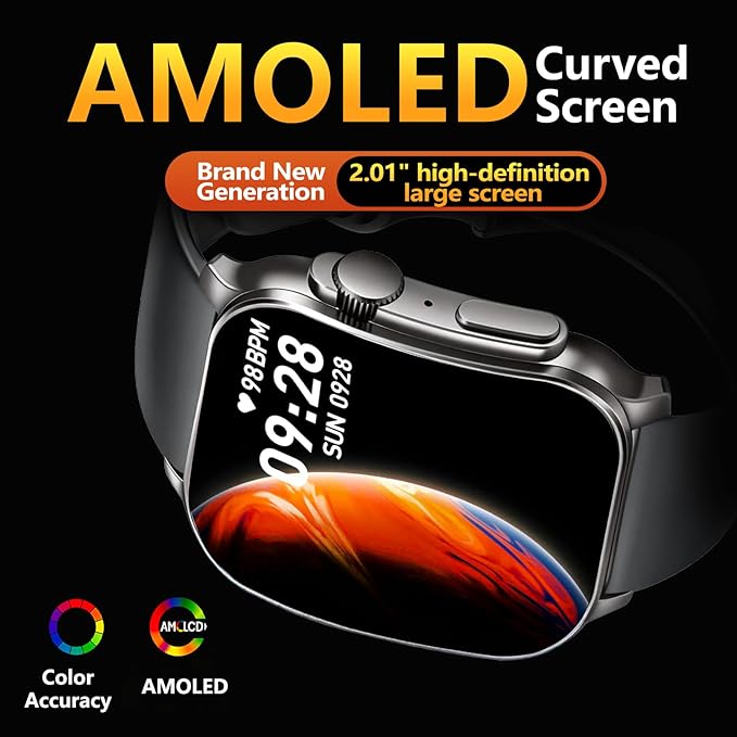 Smart Watch, 2.01" AMOLED Curved Display Fitness Tracker with Answer/Make Calls, Fitness Watch with Fitness and Sleep Trackers, Heart Rate Monitor, Always-On Display, Water Resistant, for Android iOS
