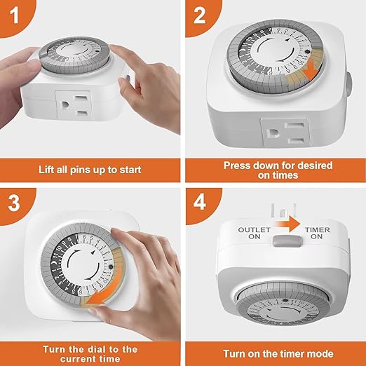 24 Hour Indoor Mechanical Timer with 2 Ground 3 Plug Socket Timer，30 min Daily on/Off Cycle for Lamps, Christmas Tree Lights, ETL Certified, White，2 Pack