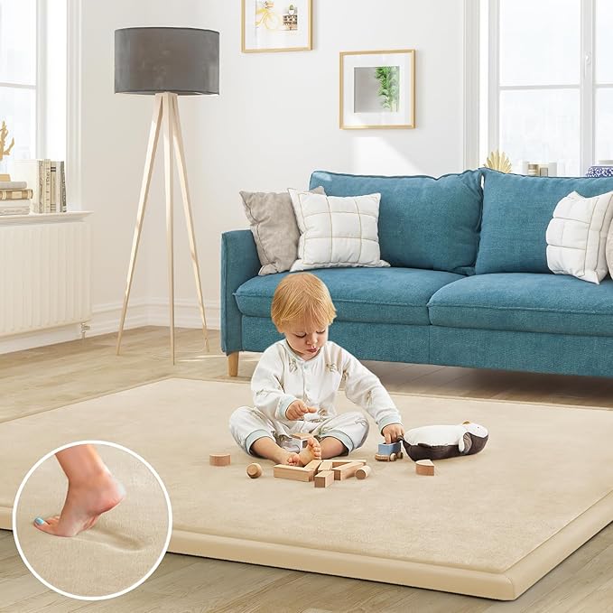 Baby Play Mat for Floor Nursery Rug Muscle Mat Area Rug Playroom Rug 65"x50" Playpen Mat Memory Foam 1.3" Thick Crawling Mat for Babies,Toddlers, Infants, Kids,A Beige