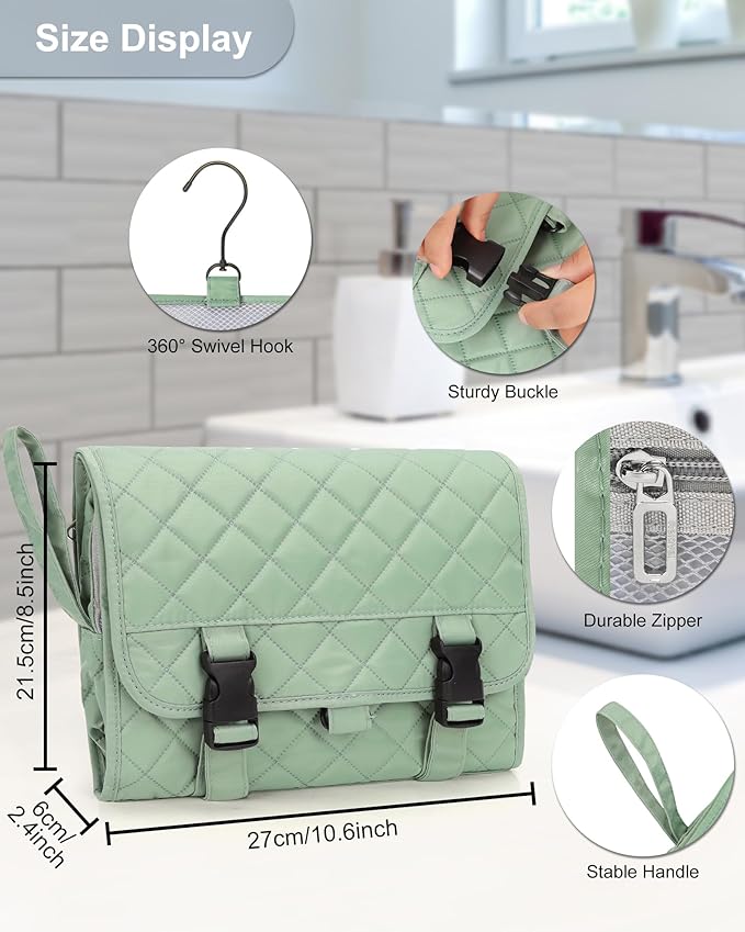 Relavel Travel Hanging Toiletry Bag for Women, Travel Wash Bag with 360° Rotation Hook, Waterproof Large Stand Up Toiletries Organizer for Bathroom Shower Camping - Green