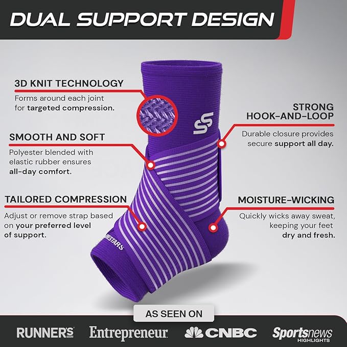Sleeve Stars Ankle Brace for Women & Men, Ankle Wrap for Sprain, Compression Sleeve for Plantar Fasciitis Relief, Easy Customizable Support: w/ Removable Strap (Single/M:10"-12"/Dark Purple)