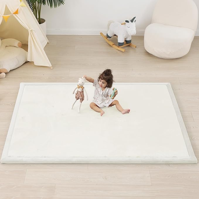 1.5" Thick Baby Play Mat for Floor Tummy Time, Large Pro Soft Foam Activity Playmats Playroom, Easy Care with Non-Slip Safe for Infant Toddler Kids Crawling79"x 118" (Cream)