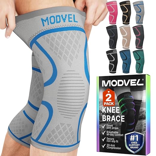Modvel 2 Pack Knee Brace for Women & Men - Knee Support for Walking, Knee Compression Sleeves for Pain Relief, Knee Sleeves for Women, Knee Sleeves for Men, Knee Brace for Sports, Workouts & Arthritis