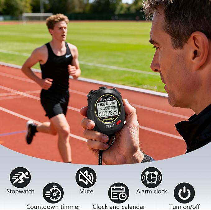 Stopwatch Timer 10 Splits/Laps Digital Stop Watch for Sports, Countdown Alarm Clock Date Memory Recall Large Display, Stopwatch for Coaches PE-Teacher Referee (Black, 10 Splits/laps)