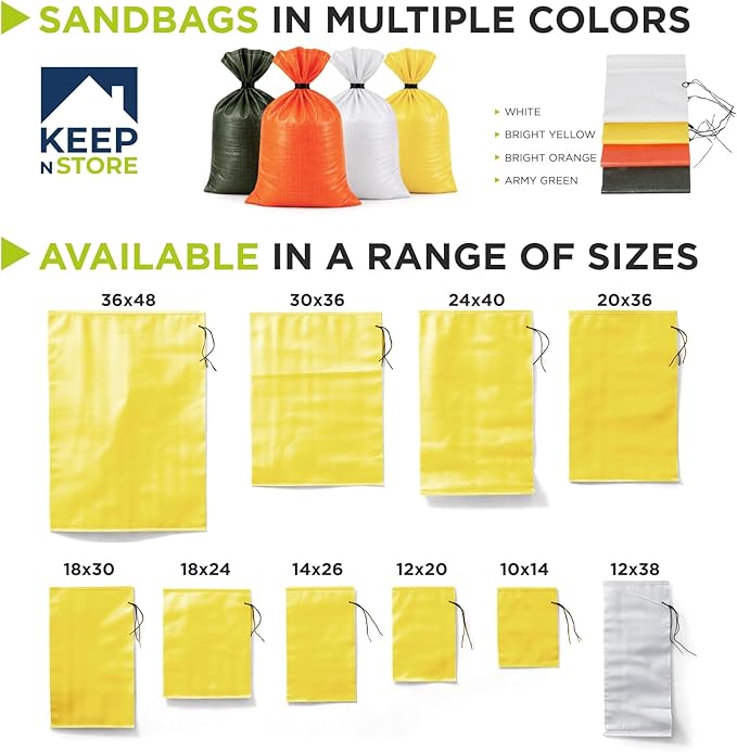Heavy Duty Sand Bags Pack of 5, Bright Yellow Empty Sandbags with Built-In Ties, Woven Polypropylene UV Protection 1600 Hours, Fillable Bags for Flood Control, Weight, 12x20 inches, 25 Pounds Volume