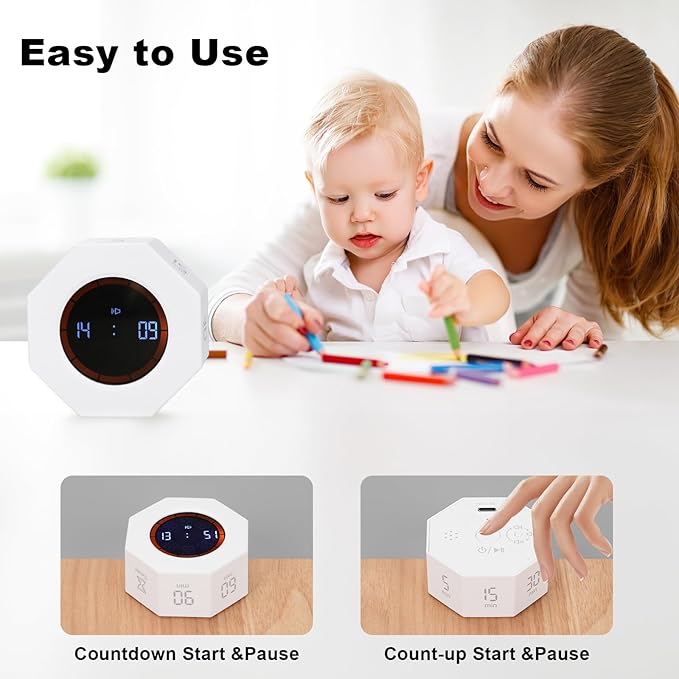 Small Rechargeable Pomodoro Timer, Gravity Sensor Auto-Rotating 7 Preset Times (1/3/5/15/30/60/90 min) & Count Up Mode, Digital Kitchen Timers for Cooking, Work and Study (Pearl White)