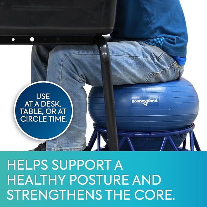 Bouncyband Stability Ball Chair – Balance Ball Seating Improves Focus at School or at Home for Kids Aged 3-10 with 200lb Maximum Weight – 15” x 15” x 20” Kit Includes Fidget Ball and Base