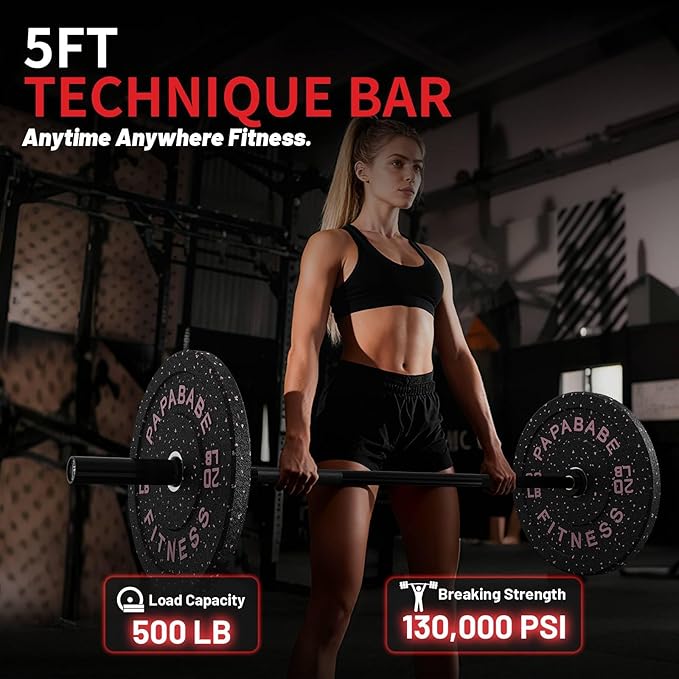 PAPABABE Olympic Barbell, 4ft/5ft/6ft/6.5ft Straight Barbell for Strength Training and Technique Adjusting, 2 inch Womens Olympic Bar with Moderate Knurling For Bench Press, Squats Curls Deadlifts Weightlifting