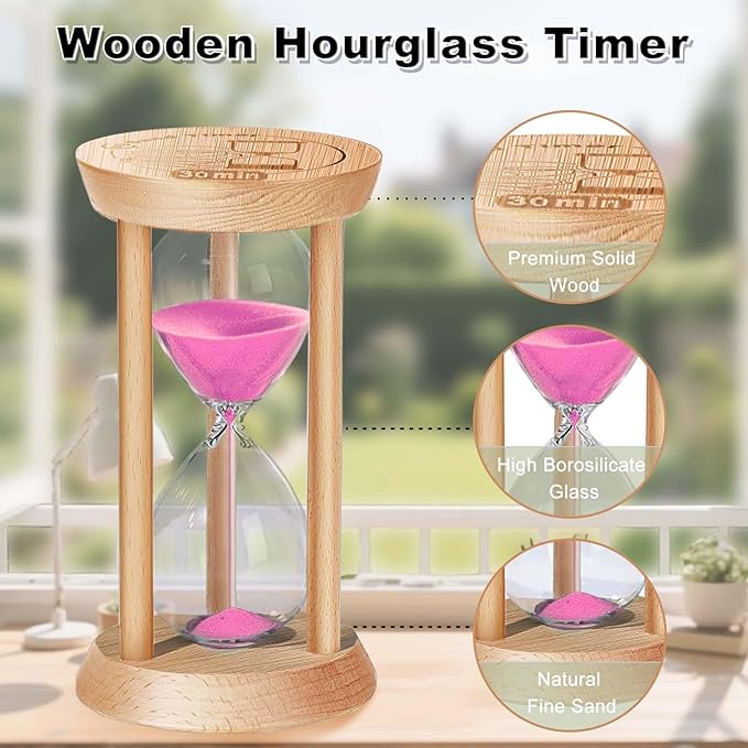 30 Minute Wooden Sand Timer Hourglass, 30 Min Sand Clock, Reloj De Arena, Pink Hour Glass Sandglass for Home, Office, Decorative, Game, Classroom (Pink)