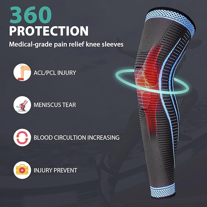 2 Pack Full Leg Compression Sleeves for Men And Women Long Knee Brace Support for Basketball, Running, Workout, Cycling, Sport