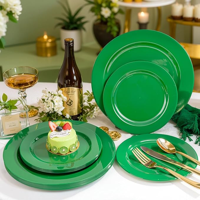 FLOWERCAT 60PCS Green Plates & St. Patrick's Day Plates - Heavy Duty Dark Green plates Disposable for St. Patrick's Party&Easter- Include 30PCS 10.25" Dinner Plates & 30PCS 7.5" Dessert Plates