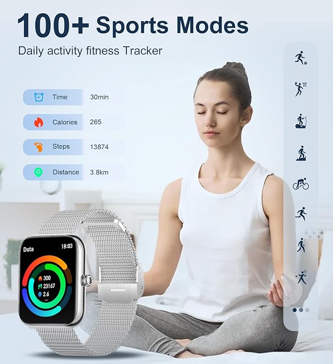 Iaret Smart Watches for Women (Answer/Make Calls) 1.85" Fitness Tracker with Heart Rate Monitor, Waterproof Fitness Watch with 100 Sports Modes Calorie Counter Sleep Monitoring Pedometer, Silver