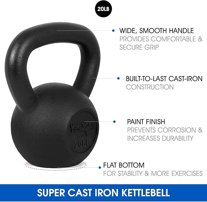 Yes4All Cast Iron Kettlebell, Strength Training Kettlebells 5-80 Lb (5,10,15,20,25,30,35,40,45,50,60,70,80 Lb) for Full Body Workout, Push up, Strength Training - Single & Kettlebell Set of 2 for Men