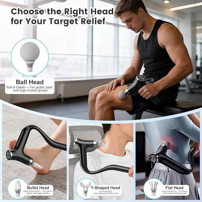 2-in-1 Detachable Back Massage Gun, Deep Tissue Percussion Massager with Long Handle for Self Back, Shoulder & Neck Relief, Handheld Muscle Massager with Strong Vibration, 12 Speeds, 4 Heads