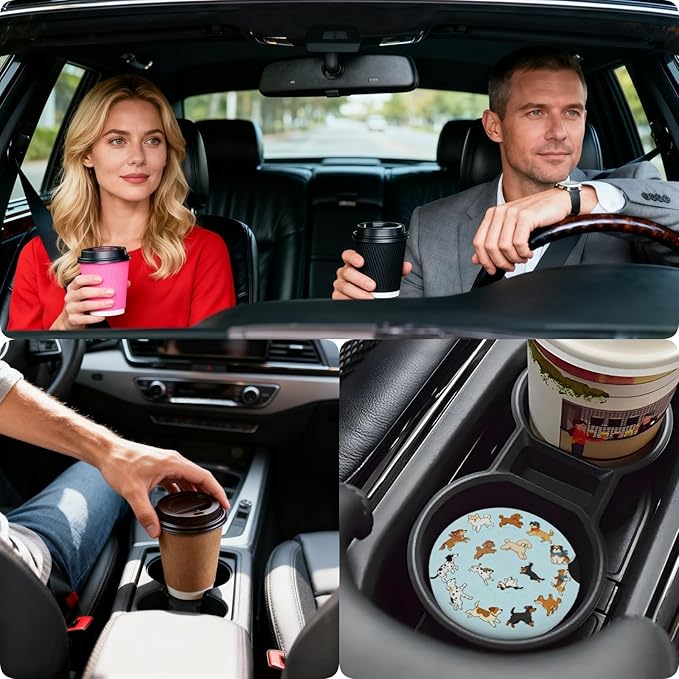 Car Cup Holder Coasters, 2 Pcs Ceramic Coasters with Finger Slot and Cork Back, Anti-Slip Shock Absorbing Women and Men Universal Car Accessories - Cute Dog Circle