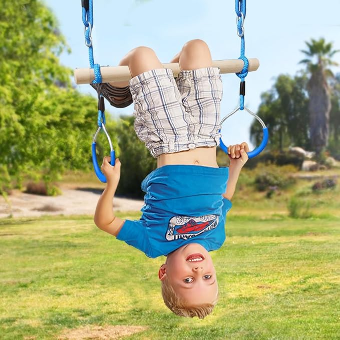 Trapeze Swing Bar with Gymnastic Rings Warrior Accessories for Obstacle Course Monkey Bars for Indoor Outdoor Garden，Backyard, Playground, Playroom（Blue）