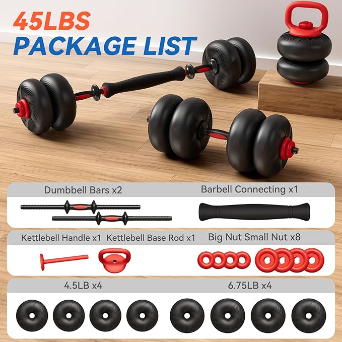 LIFERUN Adjustable Dumbbell Set, Soft PVC Coated, 45lbs/67lbs Free Weight Set Home Gym, 4-in-1 Used As Barbell, Dumbbells, Kettlebell, Weight Plates, Weights Dumbbells Set, Space Saving Fitness Exercise For Men/Women