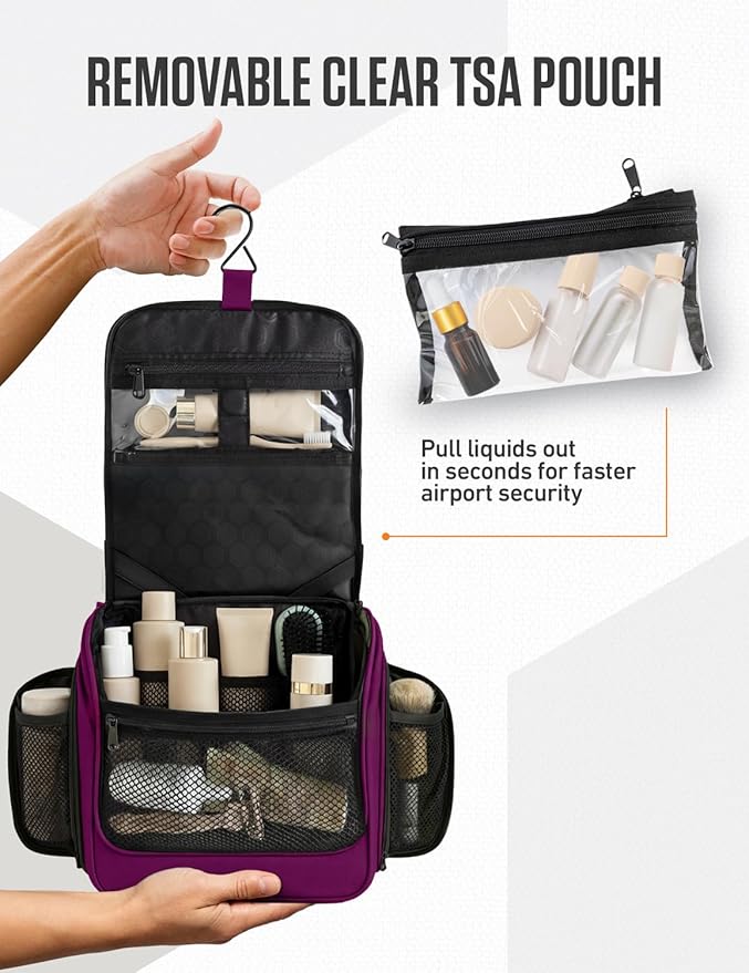 VENTURE 4TH Hanging Travel Toiletry Bag for Women & Men – Large Toiletry Organizer with 18 Compartments, Removable TSA Pouch, Travel Wash Bag for Toiletries, Makeup & Shaving Kit (Purple)