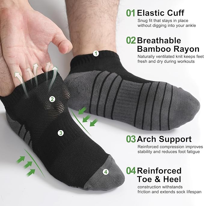 Ankle Socks for Men, Bamboo Rayon Socks with Arch Support for Running Athletic Cushioned Moisture Wicking Hiking Gym
