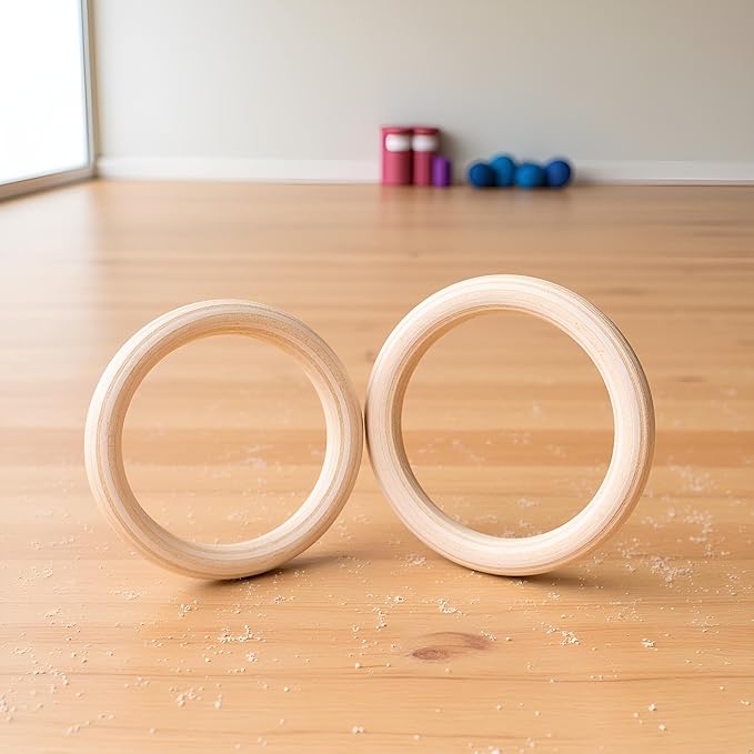Wood Gymnastics Rings Set, Solid Birch Wooden Fitness Rings for Kids and Adults, Non‑Slip Grip for Home Workout and Pull Up, 2 Pack(25mm 19cm)