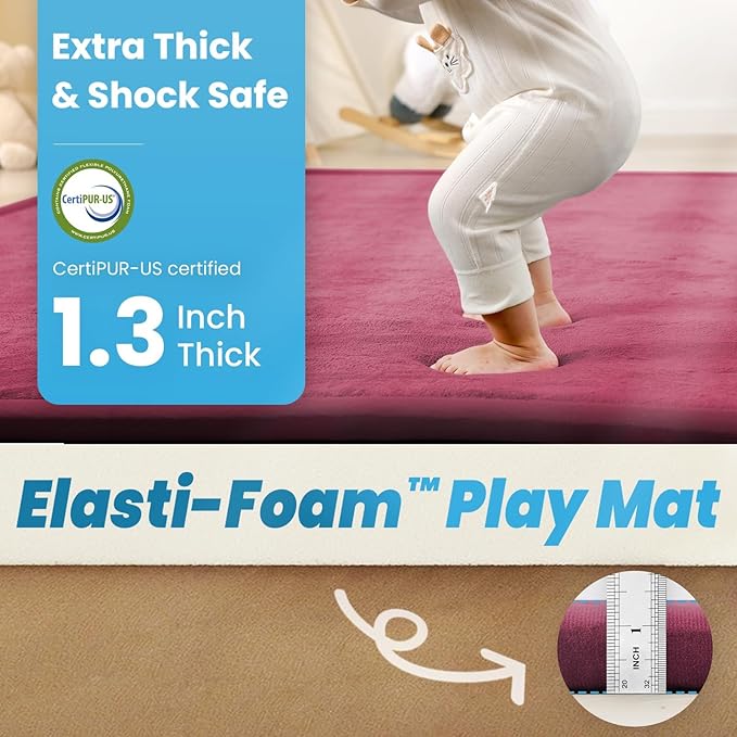 1.3" Thick Baby Play Mat for Floor Playpen, 50x50 Foam Tummy Time Mat, Padded Support Soft Plush Nursery Rug for Infant Kids Toddler Crawling Kick Activity (Burgundy)