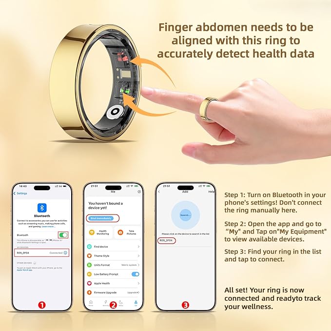 Smart Ring for Women& Men, Fitness Ring & Sleep Tracker Health Tracker With Heart Rate & Blood Oxygen Monitor, Step Counter Ring,IP68 Waterproof, No Subscription Fee for IOS & Android (Gold, #7)
