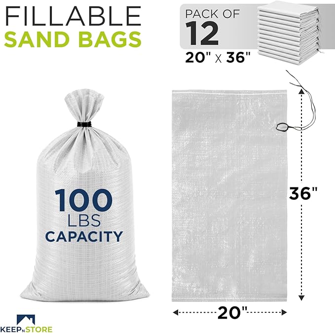 Heavy Duty Sand Bags Pack of 12, White Empty Sandbags with Built-In Ties, Woven Polypropylene UV Protection 1600 Hours, Fillable Bags for Flood Control, Weight, 20x36 inches, 100 Pounds Volume