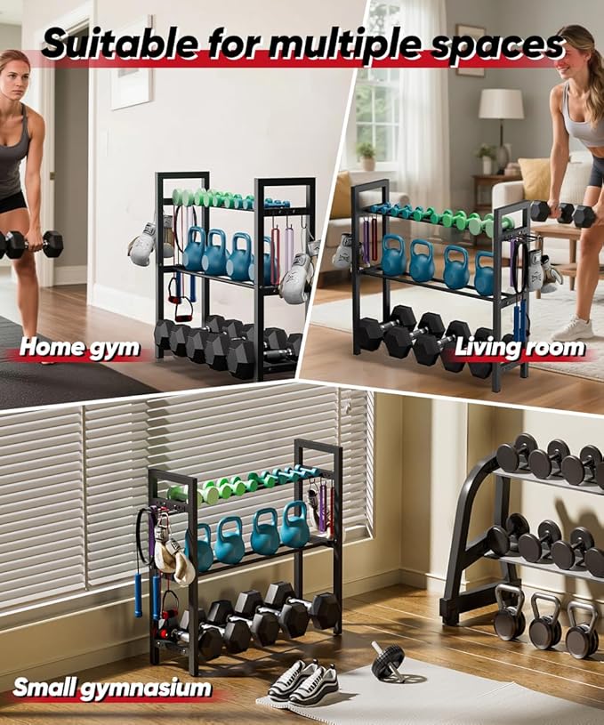 Adjustable Dumbbell Rack, Weight Storage Stand Holder for Dumbbells & Kettlebells, Heavy-Duty Metal Home Gym Workout Organizer with Hook for Gym Equipment Accessories (Rack Only)