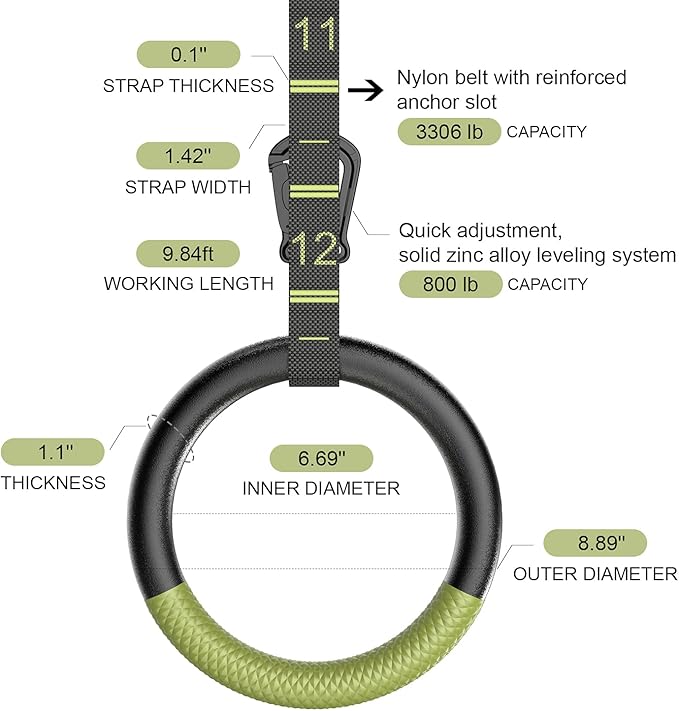 QUOLIX Gymnastic Rings with Adjustable Straps, Non-Slip Pull Up Rings with Straps, 1300lbs Exercise Rings with Straps for Home, Gymnastics Rings for Home Gym, Workout, Exercise, Training, Calisthenic