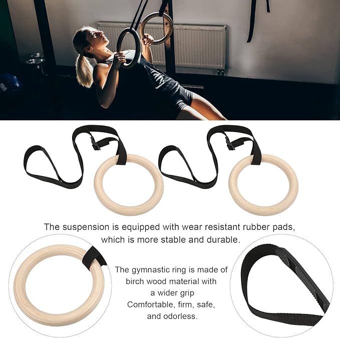 1 Pair Gymnastics Rings, 150KG / 330LB Load Pull Up Exercise Rings with Adjustable Buckle Straps Wood Home Workout Equipment for Men Women