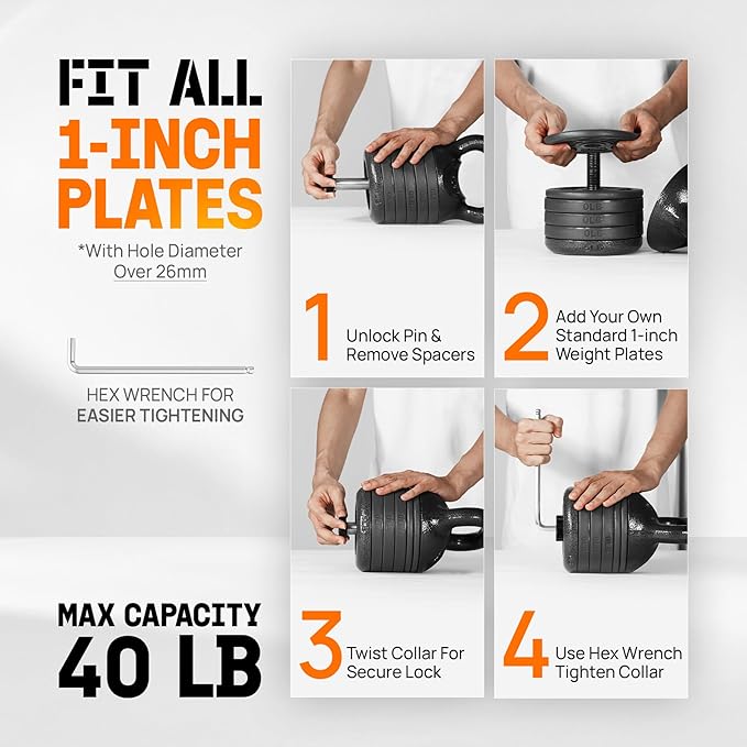 Yes4All Adjustable Kettlebell Set, 20–40 LB Weight Set, Solid Cast Iron Handle with Spacer Disks & Secure Lock, Space-Saving Kettlebell for Home Gym Strength Training, Black