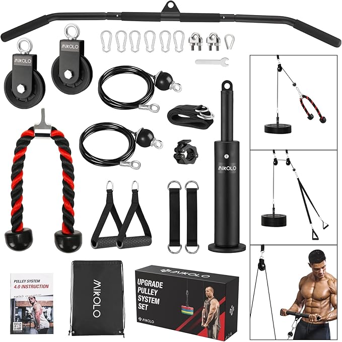 Mikolo Upgraded Weight Lift Pulley System - LAT Pulley Attachments with Adjustable Length Cable for Full Body Training, Home Gym Set